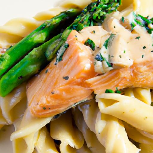 Savor Creamy Salmon Pasta Paired with Fresh Mixed Greens
