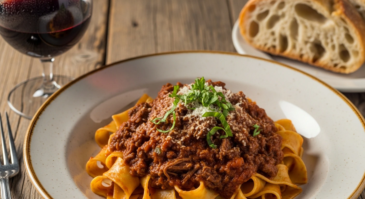 Savor Classic Beef Ragu Served Over Tender Pappardelle