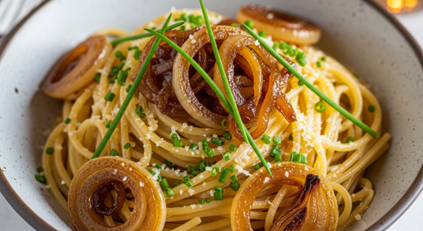 Golden Bliss: Pasta Elevated by Sweet Caramelized Onions
