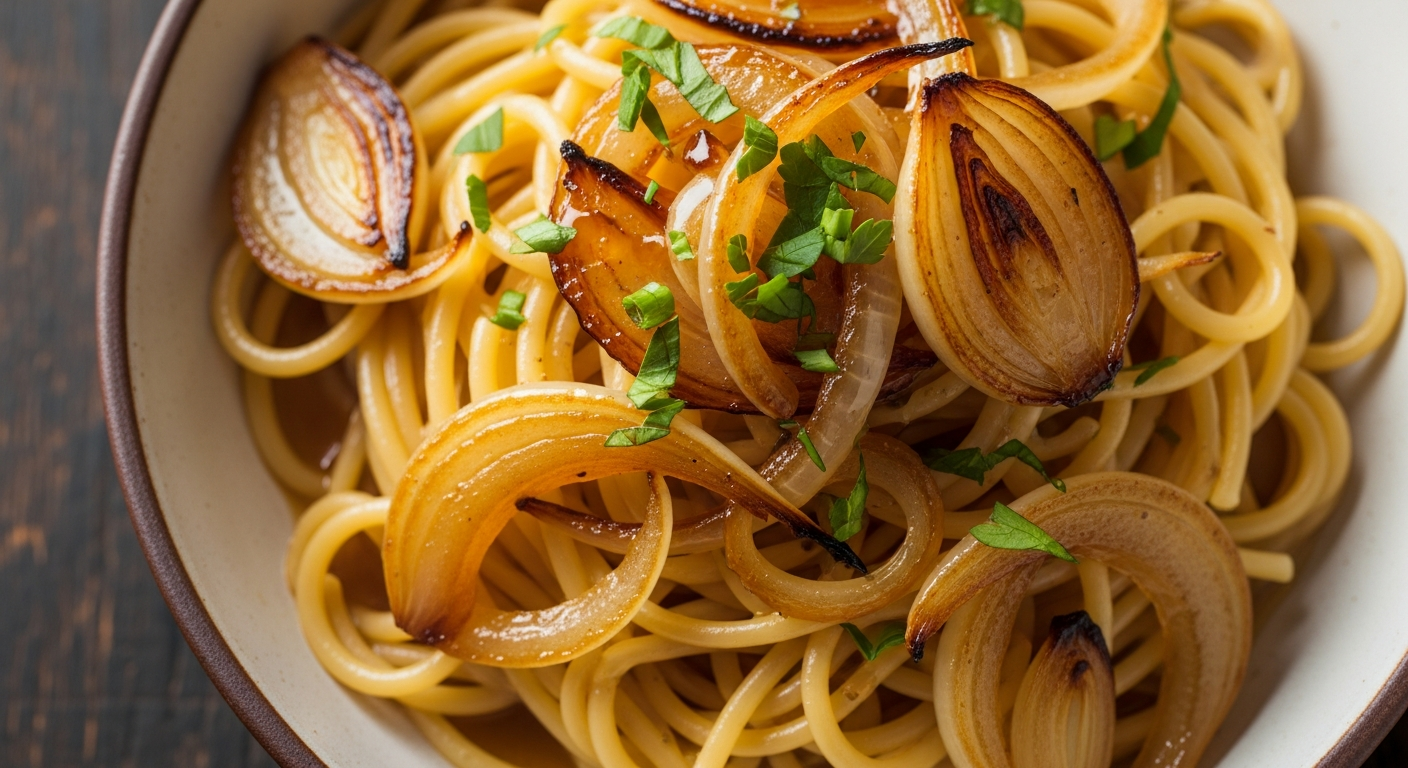 Golden Bliss: Pasta Elevated by Sweet Caramelized Onions