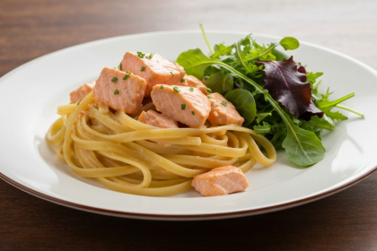 Velvety Velvety Salmon Pasta Paired with Fresh Mixed Greens Delight Paired with Fresh Mixed Greens Delight