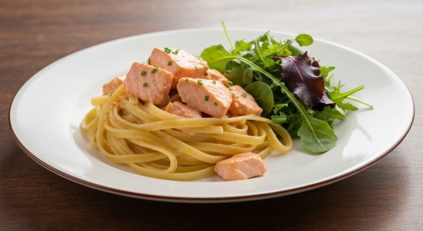 Velvety Velvety Salmon Pasta Paired with Fresh Mixed Greens Delight Paired with Fresh Mixed Greens Delight