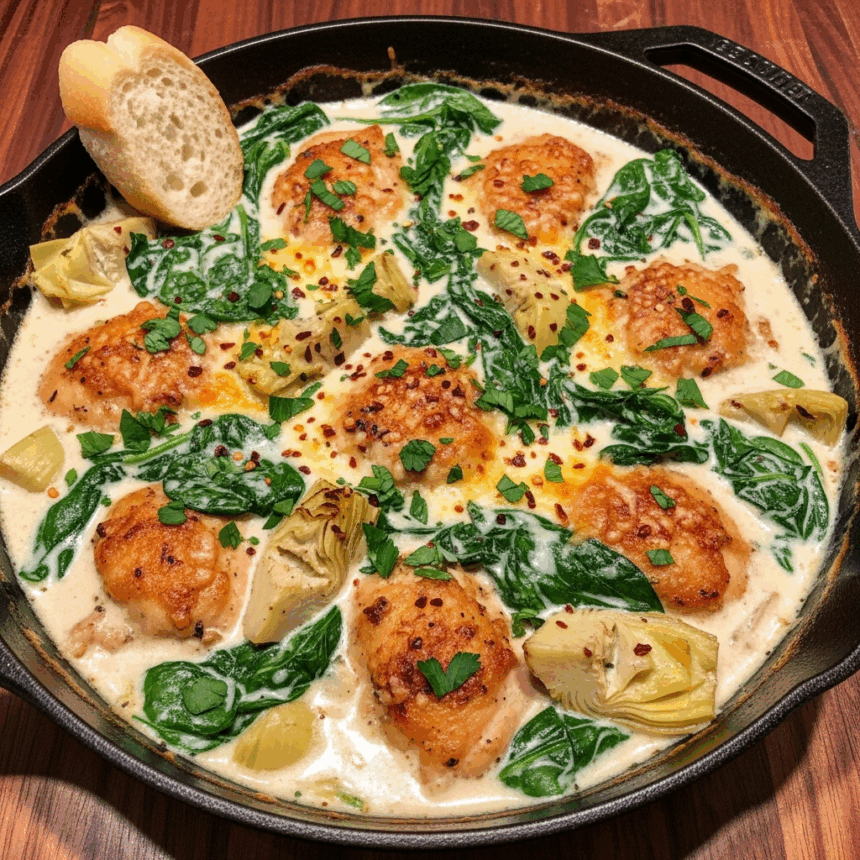 One-Pan Creamy Spinach Artichoke Chicken Skillet Delight