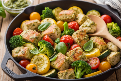 Savor the Flavor: Easy Pesto Chicken & Veggie Skillet