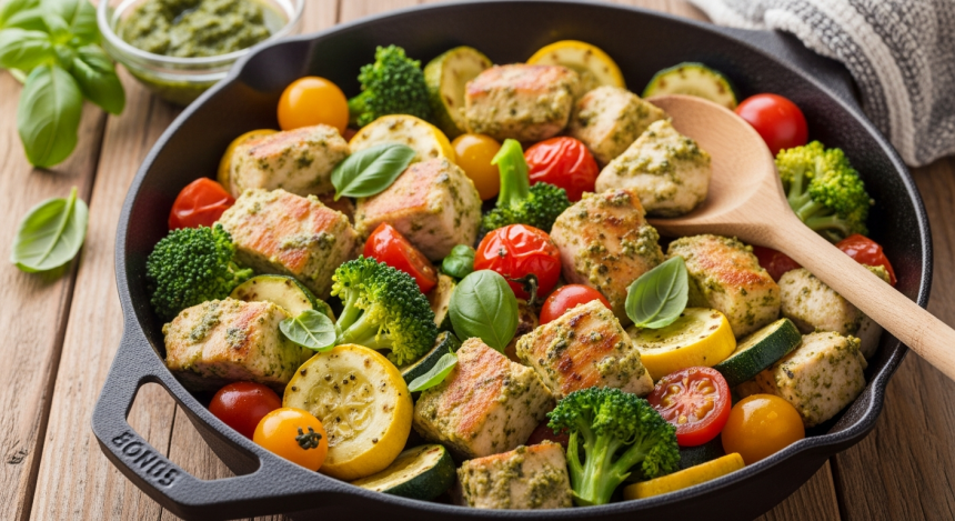 Savor the Flavor: Easy Pesto Chicken & Veggie Skillet