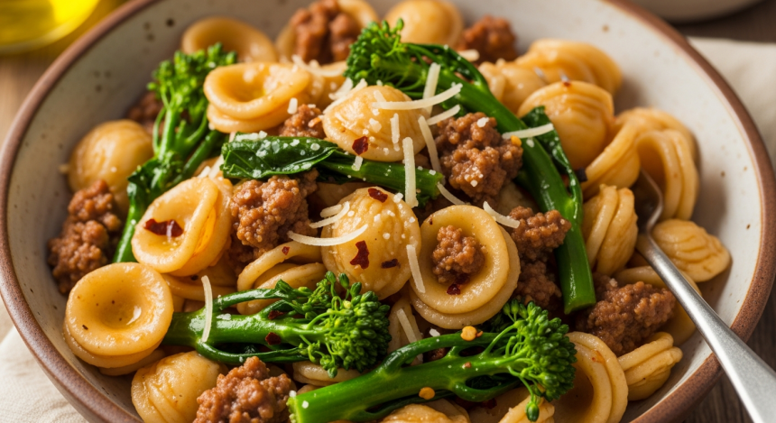 Orecchiette Delight: Savory Beef Sausage & Broccoli Rabe